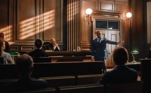 Court of Justice and Law Trial: Male Public Defender Presenting