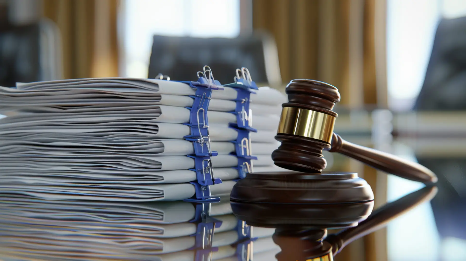 A gavel on a table close to case files