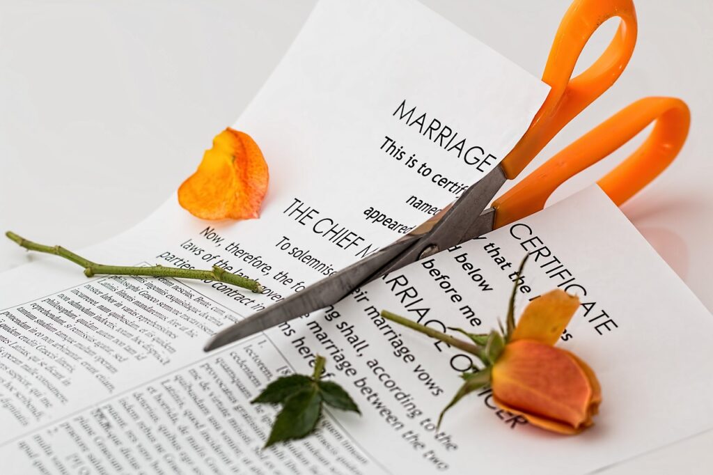 A pair of scissors cutting a marriage certificate and a rose.